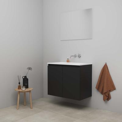 On-Line Badkamermeubelset - 80 cm - Bouwpakket - Greeploos 2 Deuren - Acryl Wastafel - zonder Kraangat - Spiegel - Mat Zwart