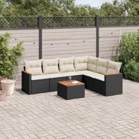 7-delige Loungeset met kussens poly rattan zwart - thumbnail