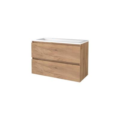 Basic-Line Start 46 Badkamermeubelset - 100 x 46 cm - Greeploos - 2 Lades - Acryl Wastafel - 2 Kraangaten - Whisky Oak