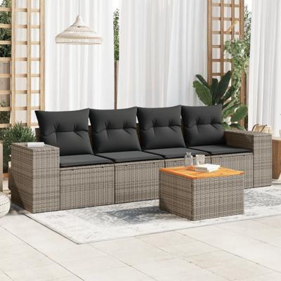 5-delige Loungeset met kussens poly rattan grijs - thumbnail
