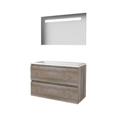 Basic-Line Economic 46 Badkamermeubelset - 100 x 46 cm - Greeploos - 2 Lades - Acryl Wastafel - Zonder Kraangat - Spiegel met LED Verlichting - Scotch Oak