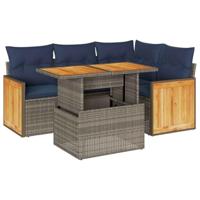 5-delige Loungeset met kussens poly rattan acacia grijs - thumbnail
