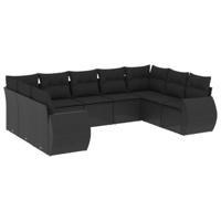 9-delige Loungeset met kussens poly rattan zwart - thumbnail