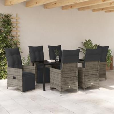 7-delige Tuin Eettafel Set met Kussens Grijs Poly Rattan