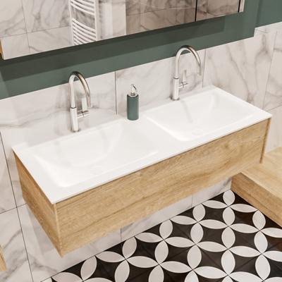 Mondiaz Lush Cloud badmeubel Washed oak 120 cm 1 lade solid surface dubbele spoelbak 2 kraangaten