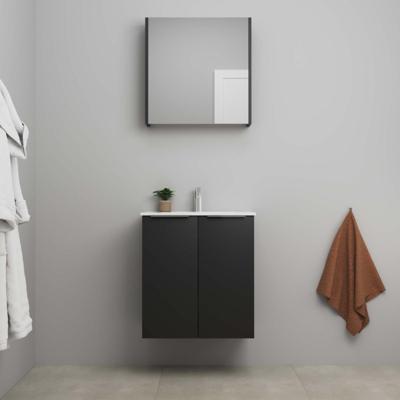 On-Line Badkamermeubelset - 60 cm - Voorgemonteerd - 2 Deuren met Greep - Porseleinen Wastafel - 1 Kraangat - Spiegelkast - Mat Zwart
