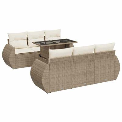 7-delige Loungeset met kussens poly rattan beige