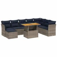 9-delige Loungeset met kussens poly rattan grijs - thumbnail
