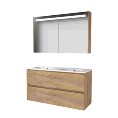 Basic-Line Premium 46 Badkamermeubelset - 120 x 46 cm - Greeploos - 2 Lades - Keramische Wastafel - 2 Kraangaten - Spiegelkast met LED Verlichting - Whisky Oak