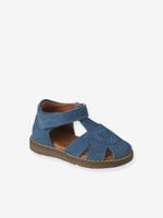 Gesloten sandalen met klittenband van leer voor baby's jeansblauw - thumbnail