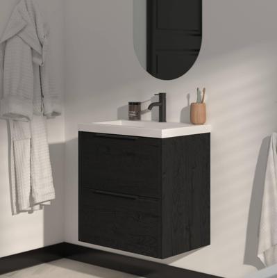 Saqu Lima ondiep badmeubel incl. glans witte wastafel 60x40x64cm eiken zwart - mat zwarte greep