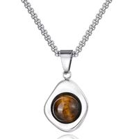 Mendes Zilverkleurige Heren Ketting met Ronde Tijgeroog Hanger - thumbnail