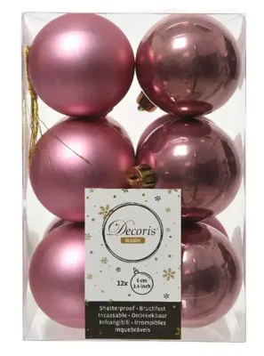 Decoris kerstballen plastic 12st roze 6cm Decoris kerstballen plastic 12st roze 6cm