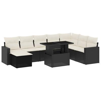 9-delige Loungeset met kussens poly rattan zwart