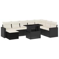 9-delige Loungeset met kussens poly rattan zwart - thumbnail