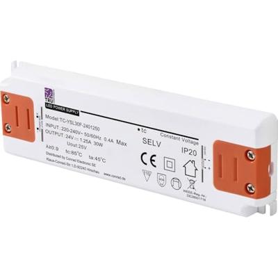 TRU COMPONENTS TC-YSL30F-2401250 LED-transformator Constante spanning 30 W 1.25 A 24 V/DC Geschikt voor meubels, Overspanning, Montage op ontvlambare