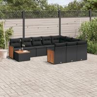 11-delige Loungeset met kussens poly rattan zwart - thumbnail