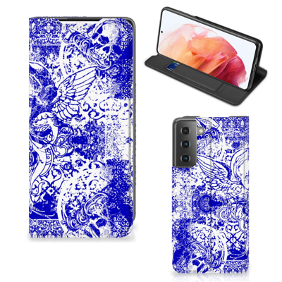 Mobiel BookCase Samsung Galaxy S21 Angel Skull Blauw Mobiel BookCase Samsung Galaxy S21 Angel Skull Blauw