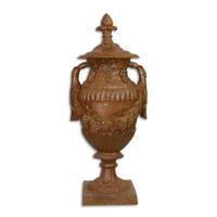 Gietijzeren siervaas op voet, roest-look - thumbnail