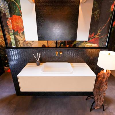 Badkamermeubelset Mondiaz Erin 120 cm met 1 Lade met RIDGE Wastafel Midden Talc Zonder Kraangaten Greeploos Mat Rosee