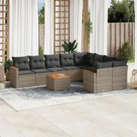 10-delige Loungeset met kussens poly rattan grijs - thumbnail
