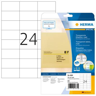 Herma 4685 Folie-etiketten 70 x 37 mm Polyester folie Transparant 600 stuk(s) Permanent hechtend Laser (kleur), Laser (zwart/wit), Kopiëren (kleur), Kopiëren Herma 4685 Folie-etiketten 70 x 37 mm Polyester folie Transparant 600 stuk(s) Permanent hechtend Laser (kleur), Laser (zwart/wit), Kopiëren (kleur), Kopiëren