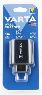 Varta 57958101401 Wall Charger inclusief USB type C-kabel, 3 USB-aansluitingen: 1x USB-type C 3.0A en 2x USB a 2,4A shared, Zwart