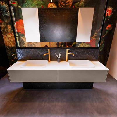 Badkamermeubelset Mondiaz Erin 200 cm met 2 Lades met RIDGE Wastafel Dubbel Talc met 2 kraangaten Greeploos Mat Smoke