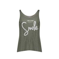 Geisha top met tekst en pailletten donkergroen - thumbnail