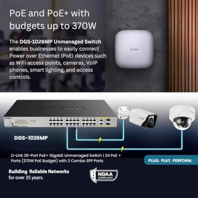 D-Link DGS-1026MP Layer2 PoE+ Gigabit Switch (26 poorten, waarvan 24 x 10/100/1000 Mbit/s PoE-poorten en 2 Gigabit Combo Uplinkpoorten), zwart