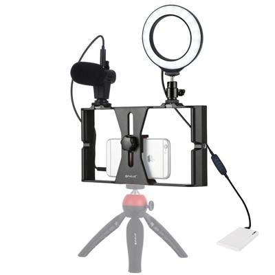 PULUZ 3 in 1 VLogging live uitzending smartphone video rig + microfoon + 4 7 inch 12cm ring LED Selfie Light kits met koude schoen statief hoofd voor