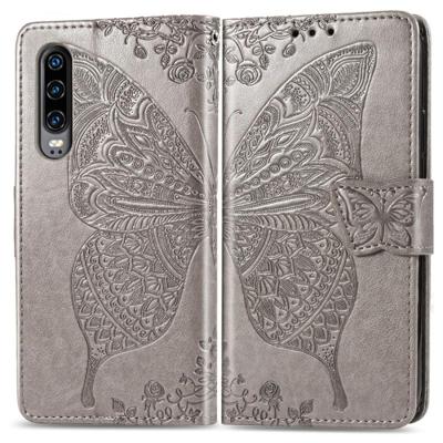 Butterfly Love bloemen reliëf horizontale Flip lederen case voor Huawei P30 met houder & kaartsleuven & portemonnee & Lanyard (grijs)