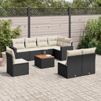 9-delige Loungeset met kussens poly rattan zwart - thumbnail