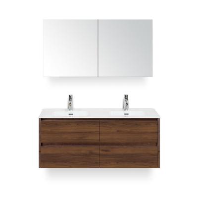 Dante Badmeubelset 120 cm - 4 laden Walnoot - Keramische Wastafel Wit Cover - met Spiegelkast
