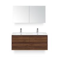 Dante Badmeubelset 120 cm - 4 laden Walnoot - Keramische Wastafel Wit Cover - met Spiegelkast - thumbnail