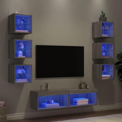 8-delige Tv-wandmeubelset met LED bewerkt hout grijs sonoma