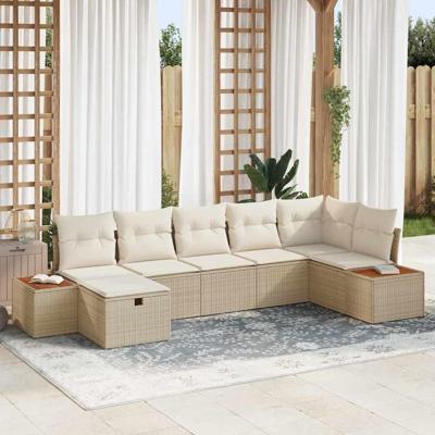 7-delige tuinset met kussens in beige poly rattan