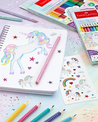 Faber Castell FC-201543 Colour Grip Kleurpotloden 18 Stuks + 6 Sparkle Pastel Kleurpotloden en Unicorn Stickers