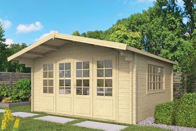 Tuindeco Blackpool Blokhut 440x340 cm + luifel 90 cm 58 mm vuren blank- Zadeldak- Onbehandeld vurenhout- Tuindeco