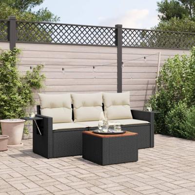 4-delige Loungeset met kussens poly rattan zwart
