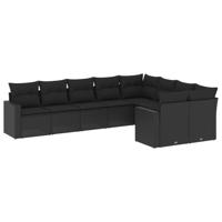 9-delige Loungeset met kussens poly rattan zwart - thumbnail
