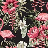 Fotobehang - Tropische bloemen en Flamingo&apos;s Vintage, 11 maten, premium print, incl behanglijm - thumbnail
