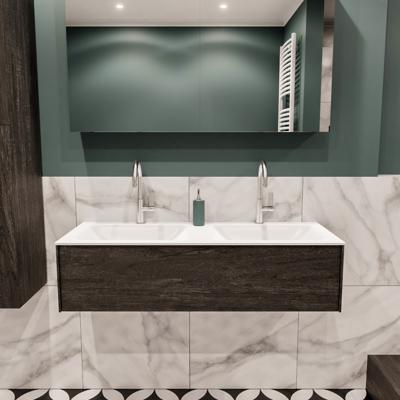 Mondiaz Lush Cloud badmeubel eiken Dark brown 120 cm 1 lade solid surface dubbele spoelbak 2 kraangaten