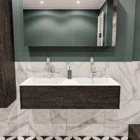 Mondiaz Lush Cloud badmeubel eiken Dark brown 120 cm 1 lade solid surface dubbele spoelbak 2 kraangaten - thumbnail