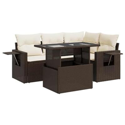 5-delige Loungeset met kussens poly rattan bruin