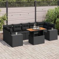 8-delige Loungeset met kussens poly rattan zwart - thumbnail