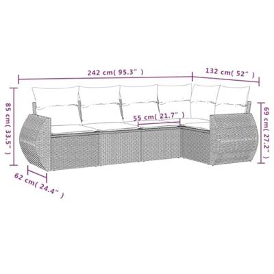 5-delige Loungeset met kussens poly rattan lichtgrijs