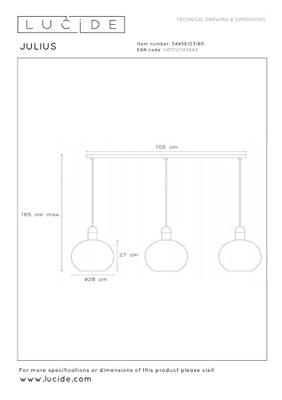 Lucide JULIUS - Hanglamp - 3xE27 - Fumé