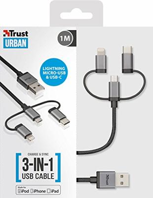 Trust 3-In-1 Usb-Kabel van 1 M voor Opladen en Synchroniseren, Zwart