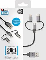 Trust 3-In-1 Usb-Kabel van 1 M voor Opladen en Synchroniseren, Zwart - thumbnail